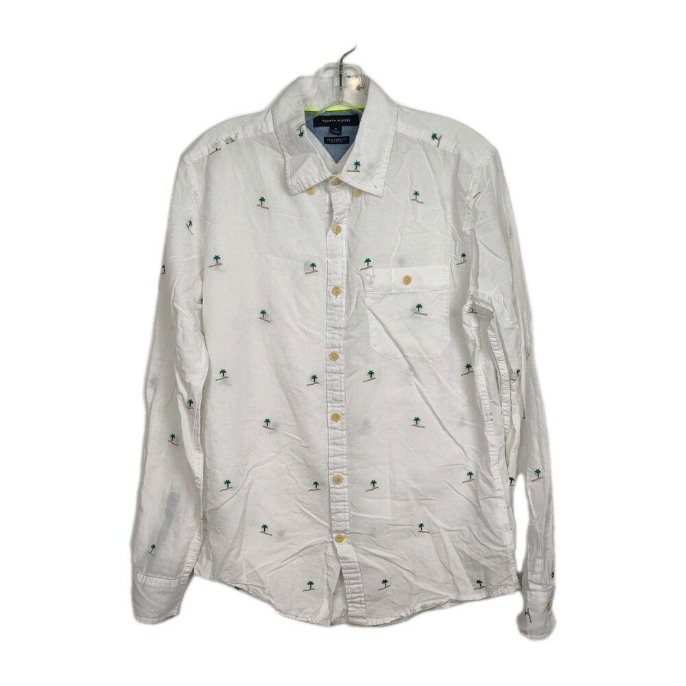Tommy Hilfiger Button-Up Shirt Men's M‎ White Embroid. Palm Trees New York Fit
